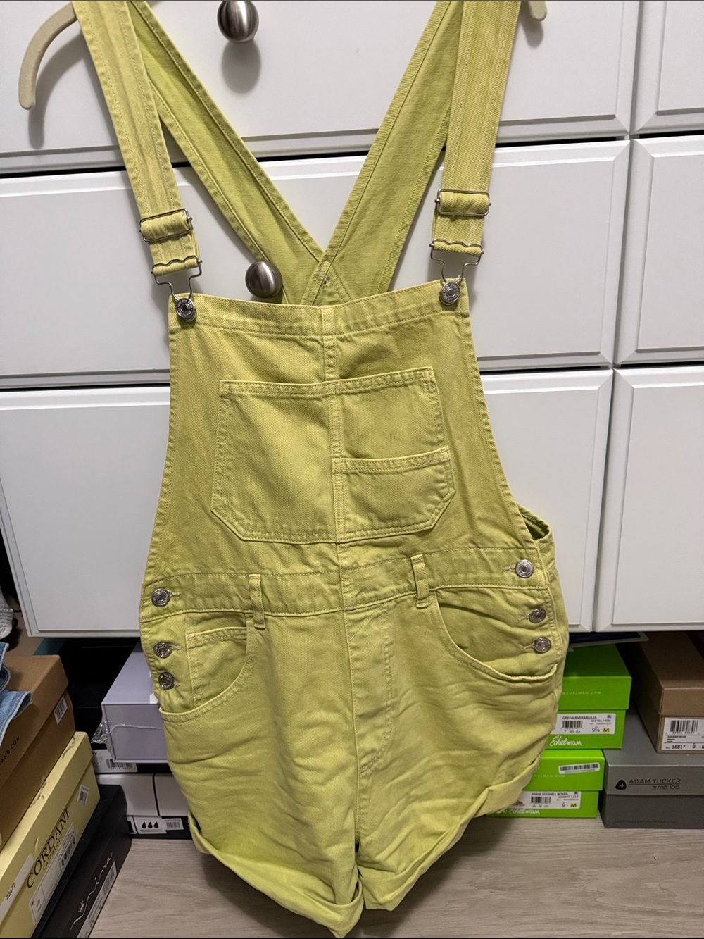 We The Free Ziggy Shortall Chartreuse Short Overalls with Side Button Detail
